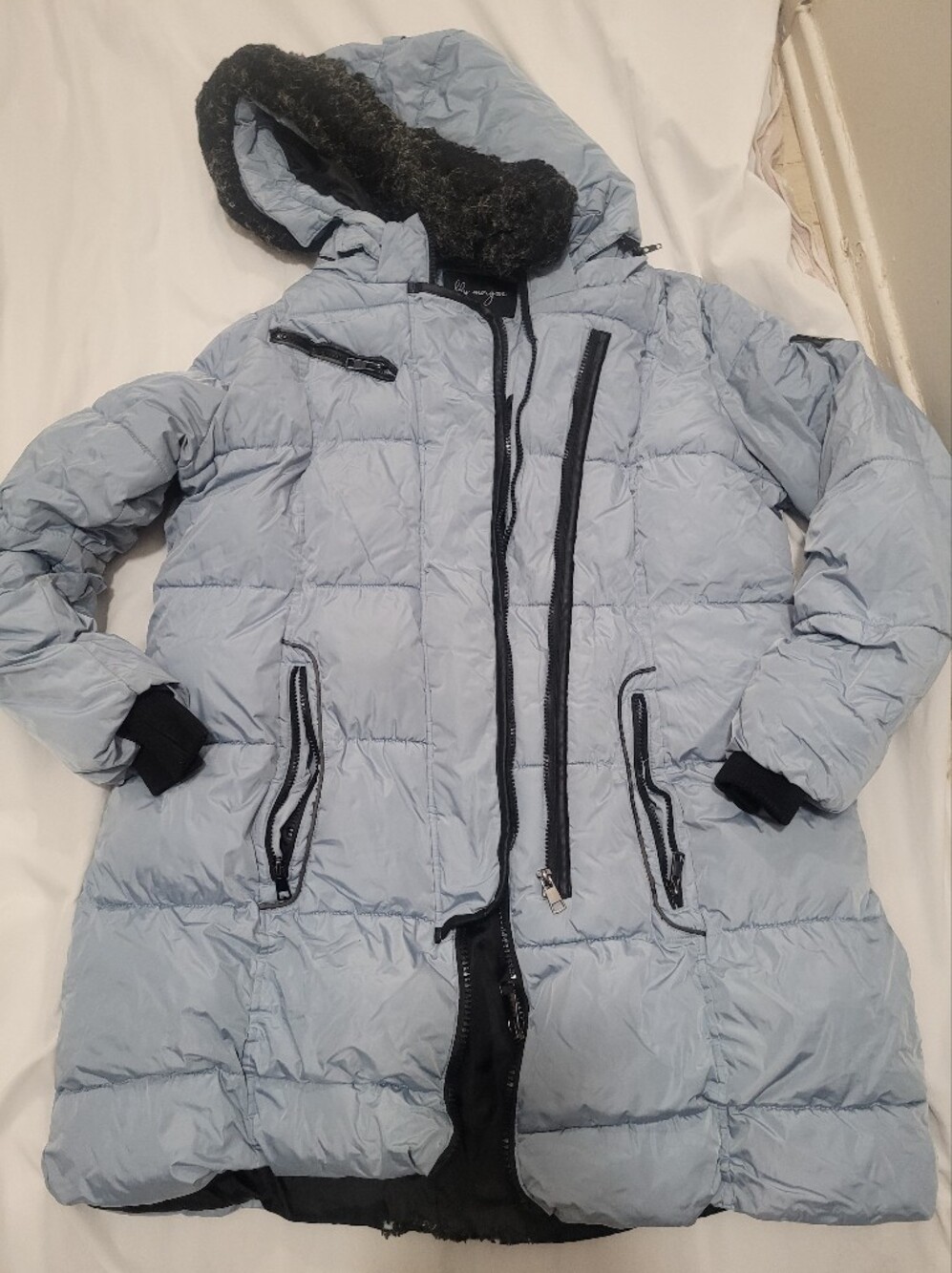 Light Blue Hooded Puffer Coat for Kids with Zip Details